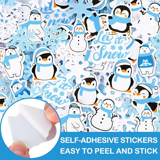 Whaline 500 Pcs Winter Foam Stickers Snowflake Snowman Penguin Bear Decals Self - Image 3