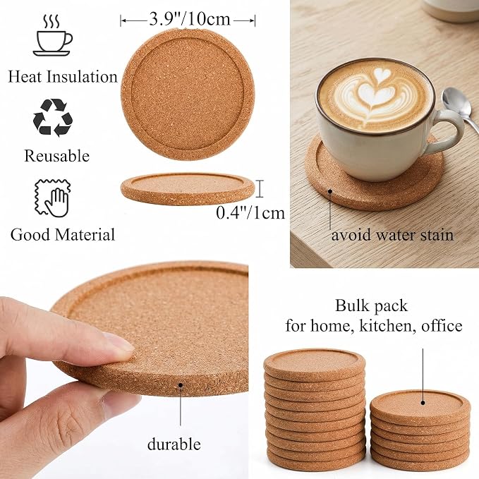 Tebery 20 Pack Round Lip Cork Coasters, 3.9 Inch Absorbent Drink Coaster - Image 2