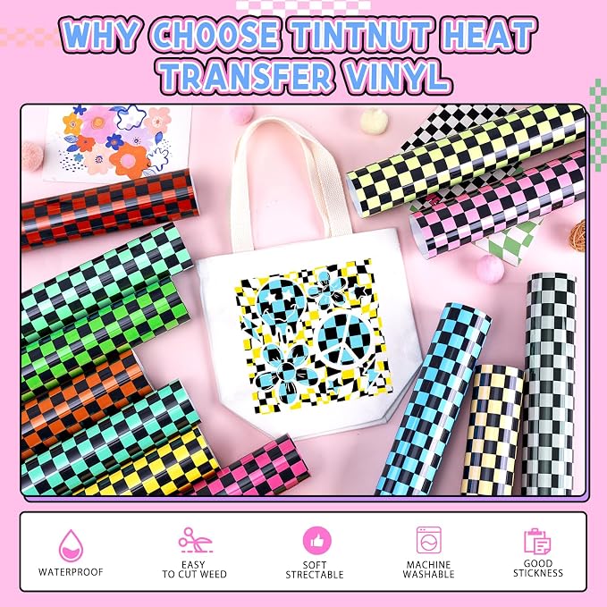 Tintnut Black Base Checkerboard Heat Transfer Vinyl, Checker pattern PU HTV - Image 3
