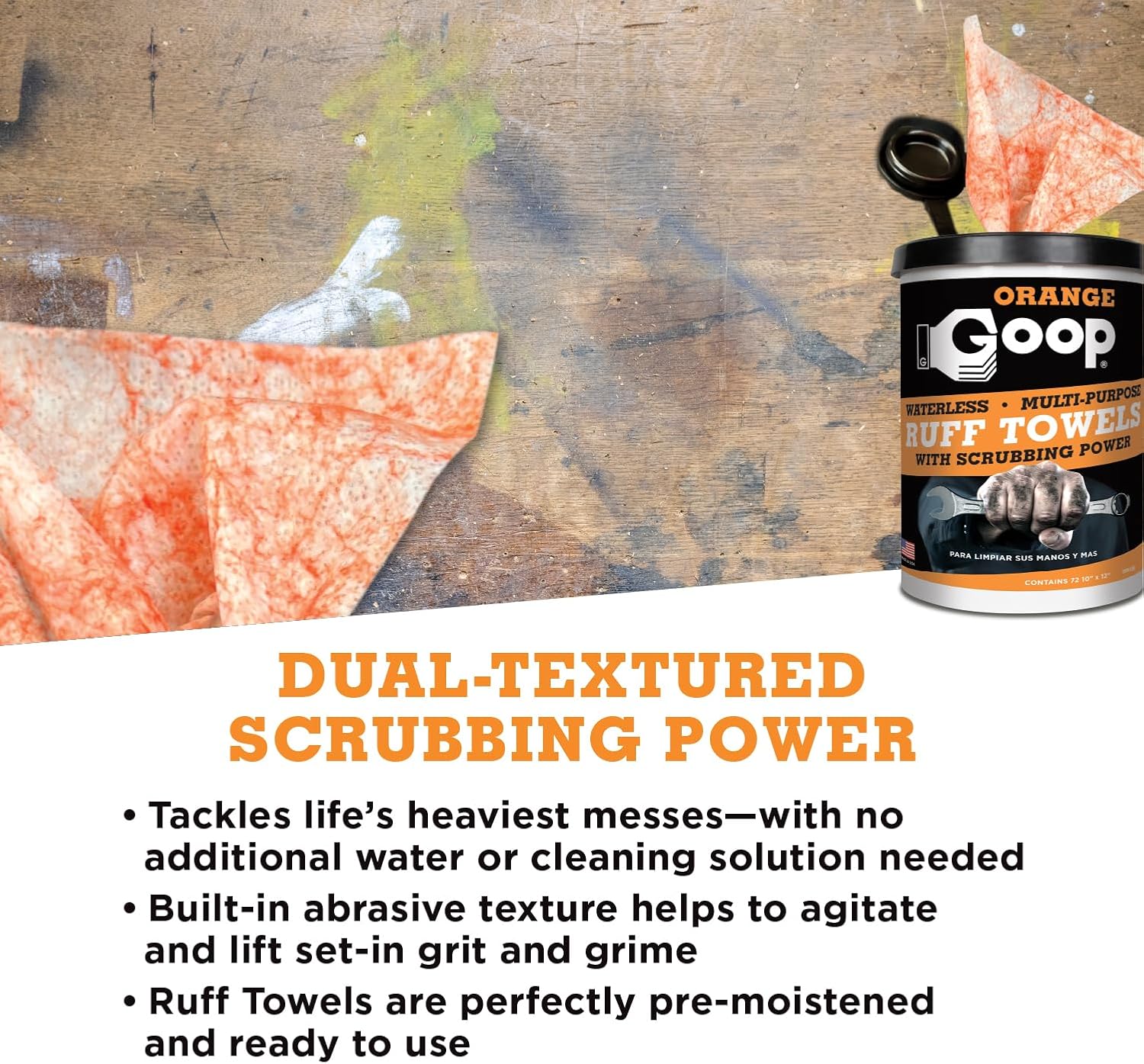 GOOP Orange Heavy Duty Ruff Towels with Scrubbing Power, 10” x 12” Dual Textured Multi-Purpose Cleaning Wipes, Removes Dirt, Grease, Oil, 72 Count (Pack of 2)