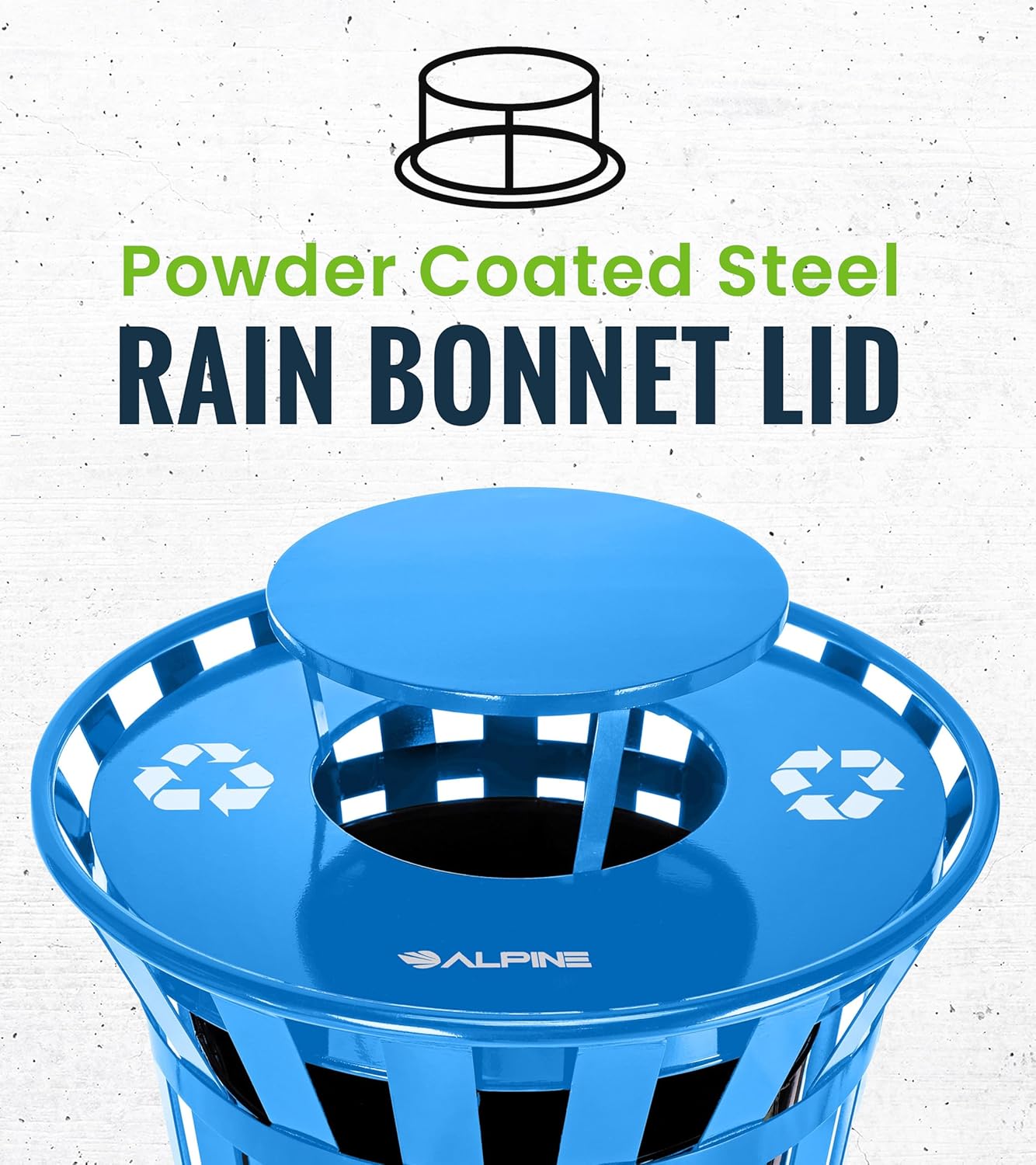 Alpine Outdoor Metal Waste Receptacle Rain Bonnet Lid - Heavy Duty Commercial Trash Can Receptacle Cover - Perfect Companion for 38-Gallon Garbage Can (Blue)