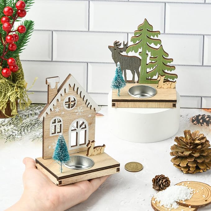 2 pcs 2 Styles Christmas Candlestick Theme Wooden Bases House Deer Tree Wood - Image 4