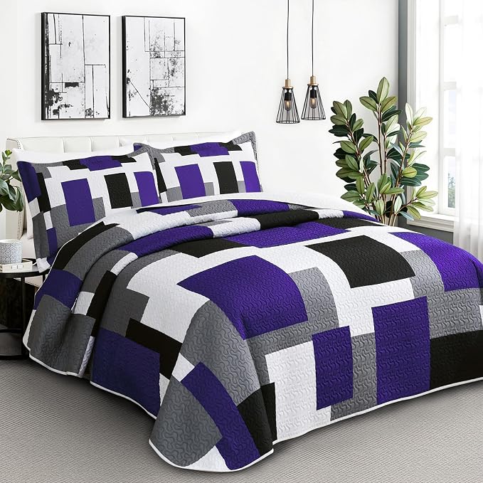 Tyrot 2 Piece Dark Purple Grey Quilt Set Twin Size Black White Gray Geometric - Image 2