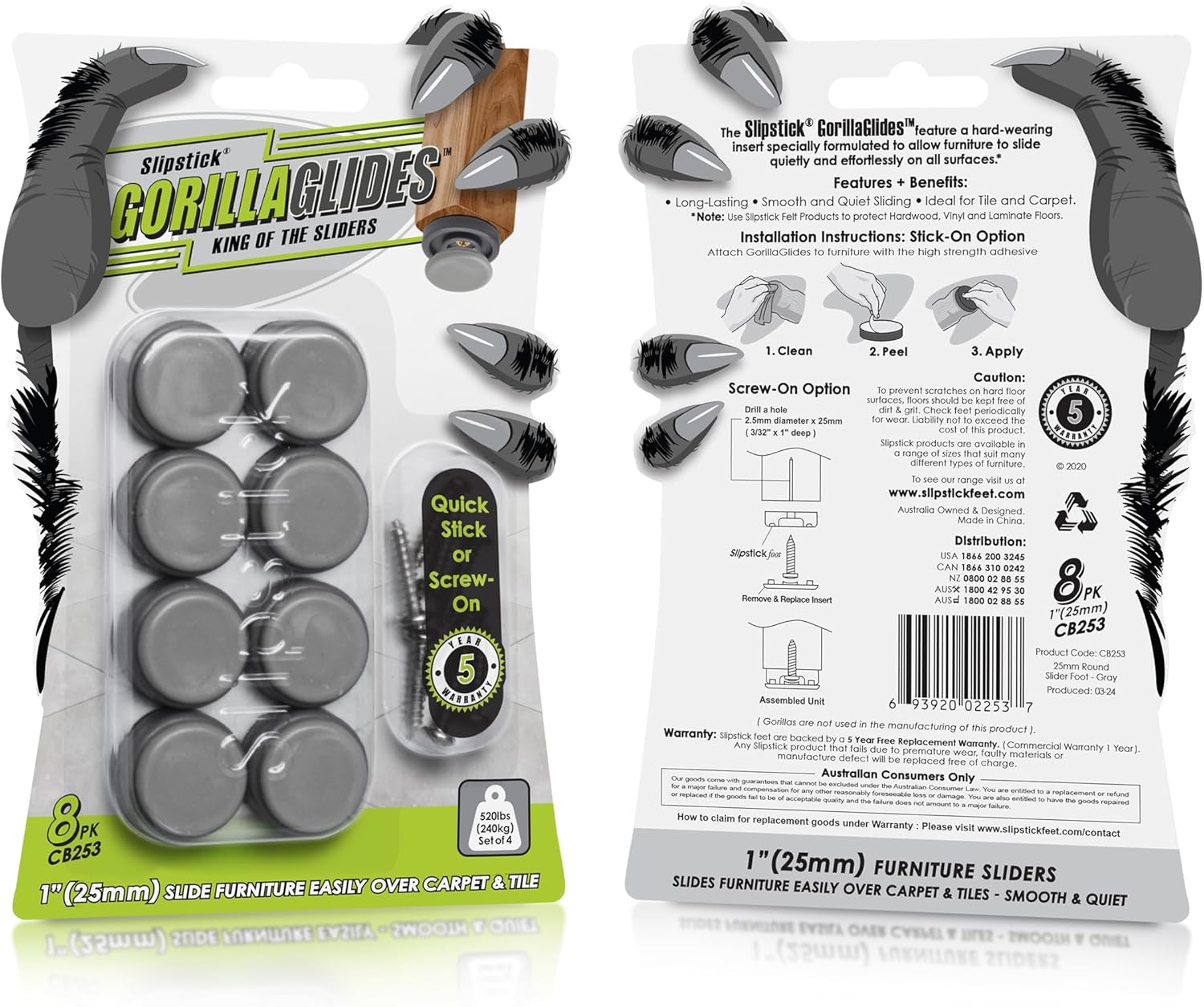 GorillaGlides CB253 1 Inch Chair Sliders/Furniture Glide Floor Protectors (Set of 8 Glides) Self-Adhesive Screw-On Glides, for Sliding on Hard Surface Floors and Low-Pile Carpet, Round