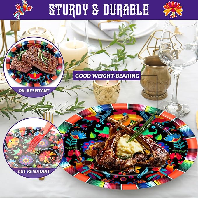 50 Guests Mexican Fiesta Plates and Napkins Party Supplies Mayo Datura Flower - Image 4