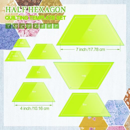 Kigley 8 Pcs Half Hexagon Quilting Templates and Rulers 1/1.5/2/3/4/5/6/7 Inch - Image 2