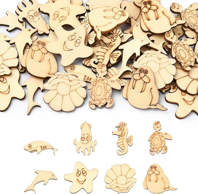 200 pcs Mixed Styles Ocean Animal Theme Undyed Wood Cutout Charms Octopus by Gythara