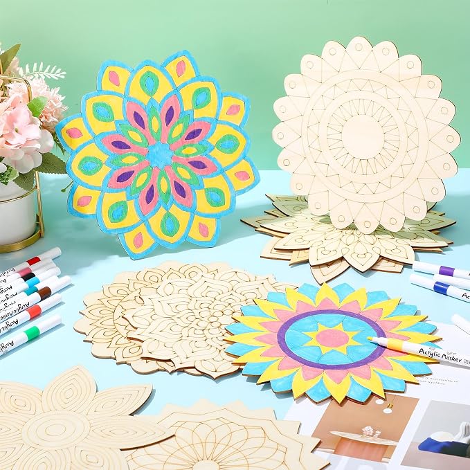 Vercraft 22 Pcs Wooden Mandala Painting Set 10 Mandala Unfinished Wood Cutouts - Image 4