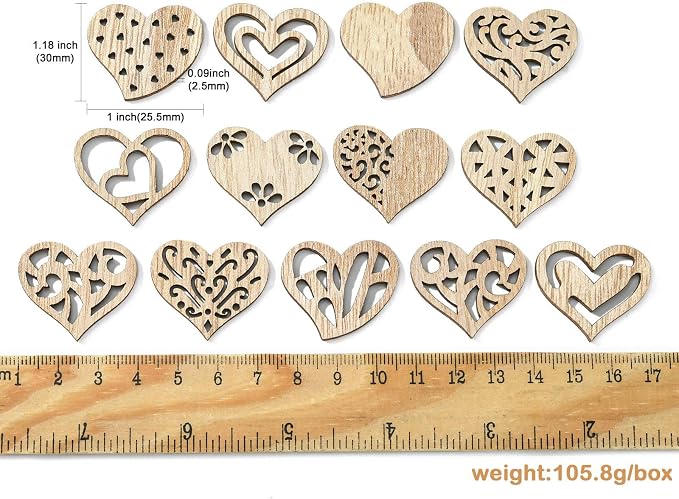 200 pcs Mixed Styles Hollow Heart Theme Unfinished Wood Cutout Charms Cute Love - Image 2