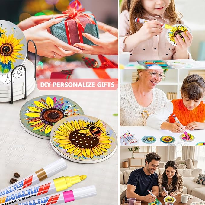 6 Absorbent Ceramic Tiles with Cork Base, Paint Your Own Sunflower Coaster | - Image 4