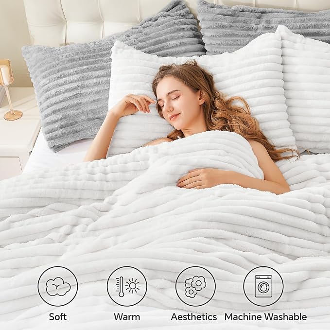 BEDELITE Fleece Queen Comforter Set -Super Soft & Warm Fluffy Bright White - Image 3