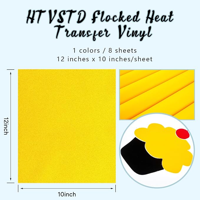 HTVSTD Yellow Flock HTV Heat Transfer Vinyl 8pcs 12×10in Iron on Vinyl | - Image 2