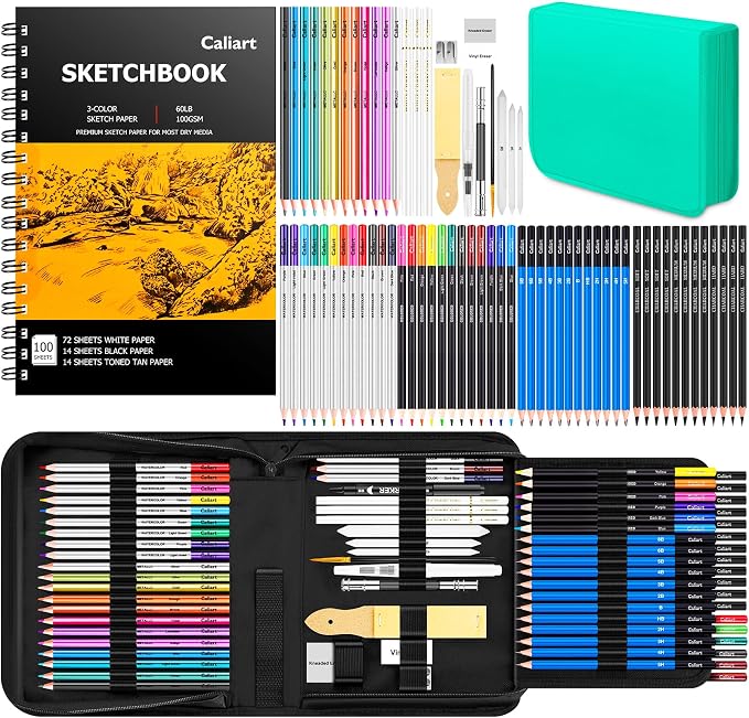 Caliart 176PCS Art Supplies Sketching Kit, 100 Sheets 3-Color Sketch Book | by Caliart