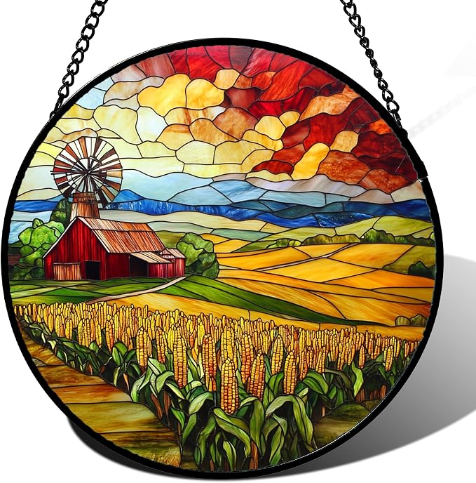 Stained Glass Window Hanging Autumn Farm Corn Harvest Landscape Large 15" by HWRHTR