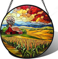 Stained Glass Window Hanging Autumn Farm Corn Harvest Landscape 6.3" by HWRHTR