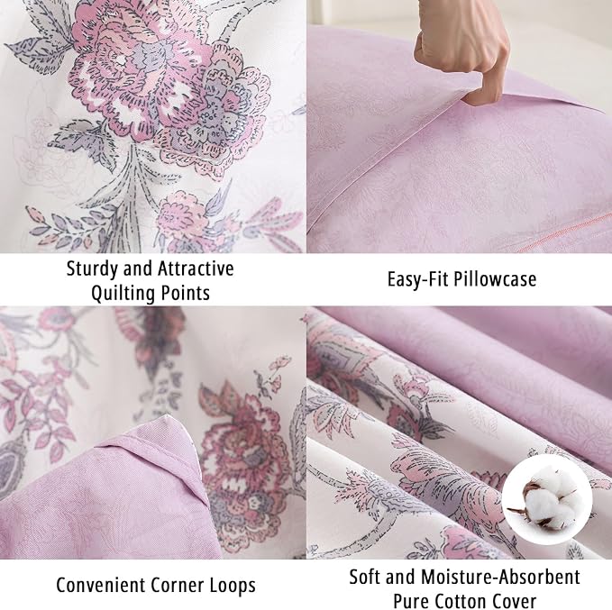 LEMIROE Pink Floral Cotton Comforter Queen Size 3PC - Image 5
