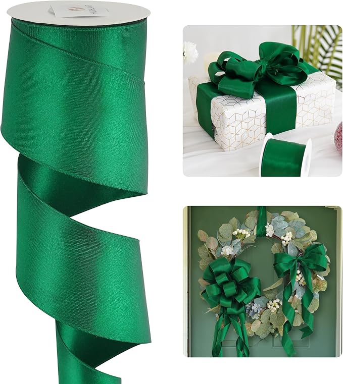 HUIHUANG Forest Green Wired Ribbon 2.5 inch Green Satin Wire Ribbon by HUIHUANG