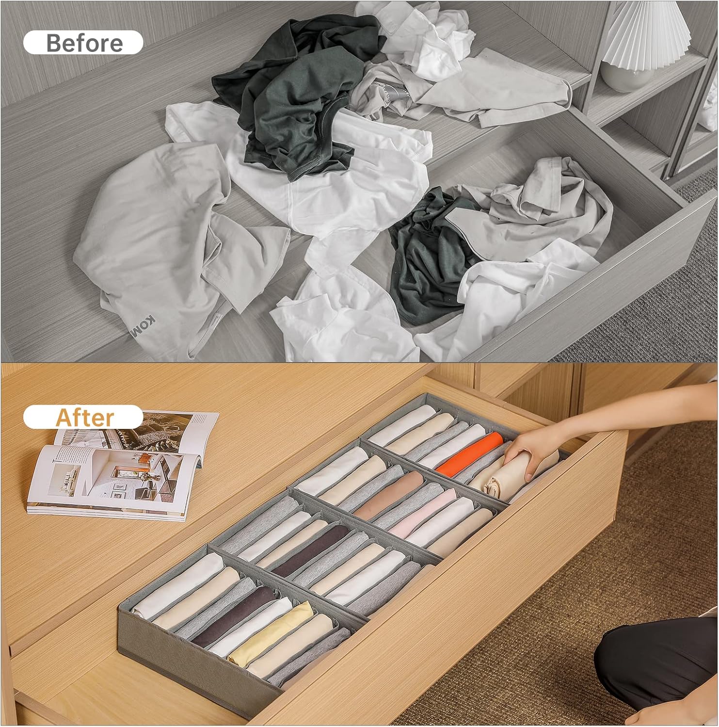 4 Packs T-shirt Drawer Organizers for Clothing,10 Grids Compartment Wardrobe Storage Box, Washable Clothes Organizer for Folded Clothes, T-shirt, Legging, Silk Scarve