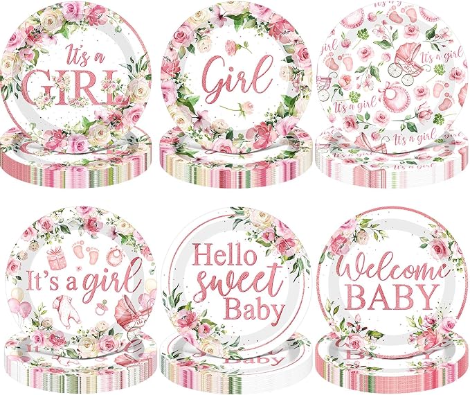 Funnymoom 60 Pcs 7 Inch Baby Shower Paper Plates Girl Pink Floral Baby Shower by Funnymoom
