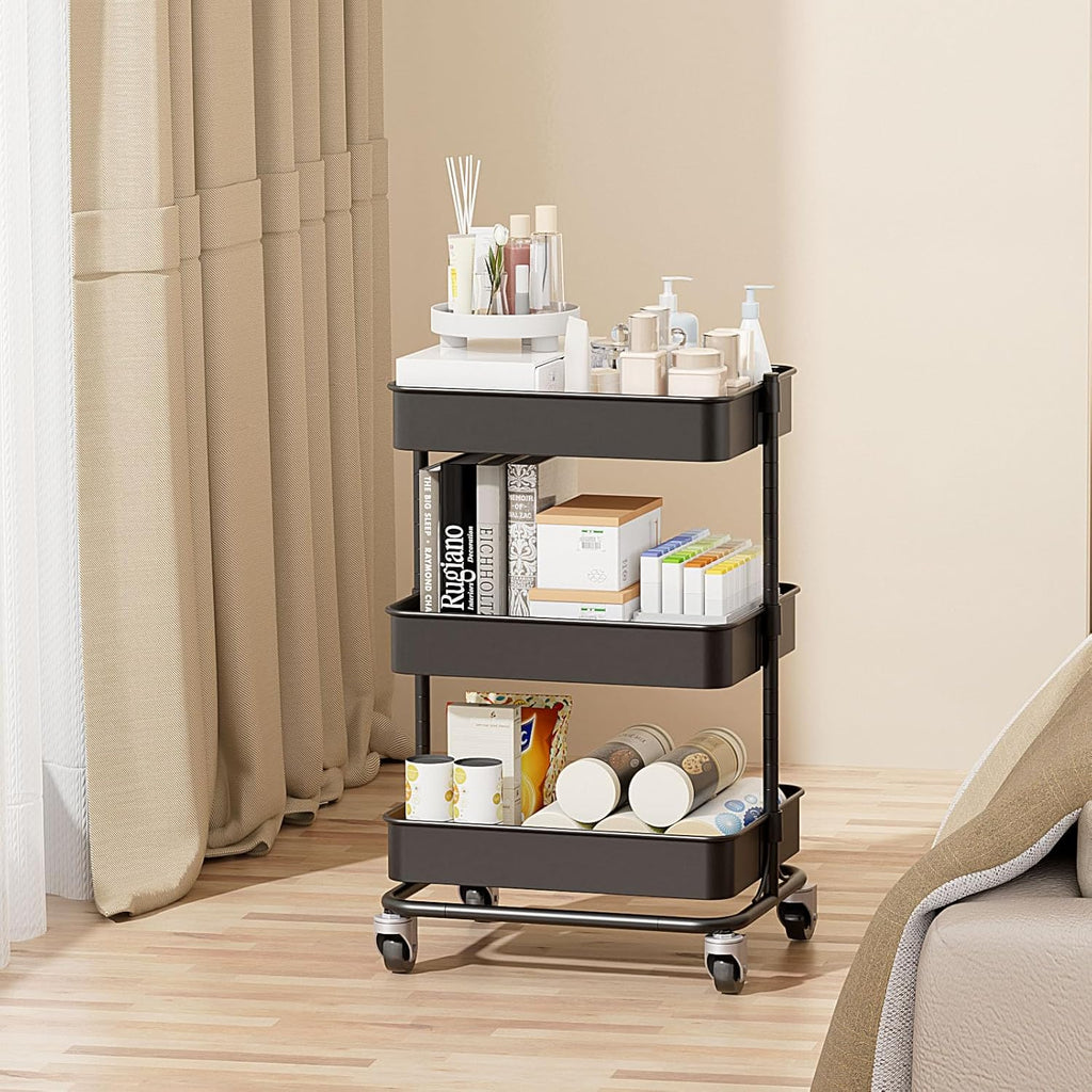 3 Tier Modern Metal Rolling Tool Cart with Silent Casters, 15.35x11.81x23.74 inch Heavy Duty Organization Truck Trolley Organizer for Office, Living Room, Kitchen, (Black)