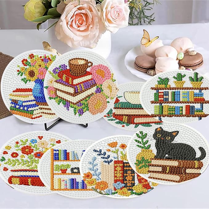 8 Pack Diamond Art Coasters, Bookshelf Diamond Painting Coasters Kits | Books - Image 5