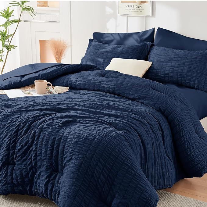 HYMOKEGE Navy Blue Oversized King Comforter Set Seersucker 7 Pieces, All Season by HYMOKEGE