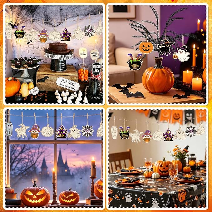36PCS Wooden Halloween Ornaments to Paint Fall Decorations Crafts - Image 7