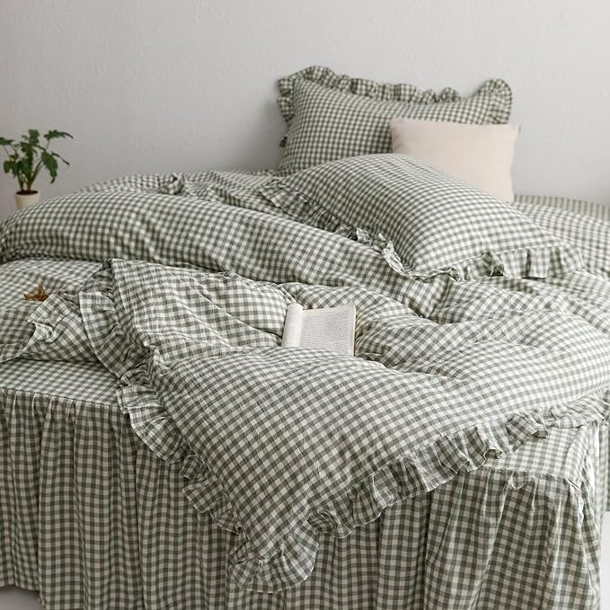 MKXI Sage Green Gingham Duvet Cover King, 3-Piece Ruffled Bedding Set by MKXI