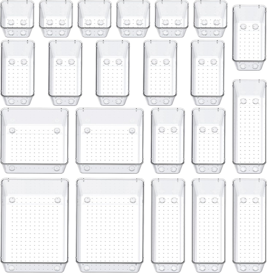 SMARTAKE 22-Piece Drawer Organizer with Non-Slip Silicone Pads, 5-Size Clear Desk Drawer Organizer Trays Storage Tray for Makeup, Jewelries, Utensils in Bedroom Dresser, Office and Kitchen, Clear