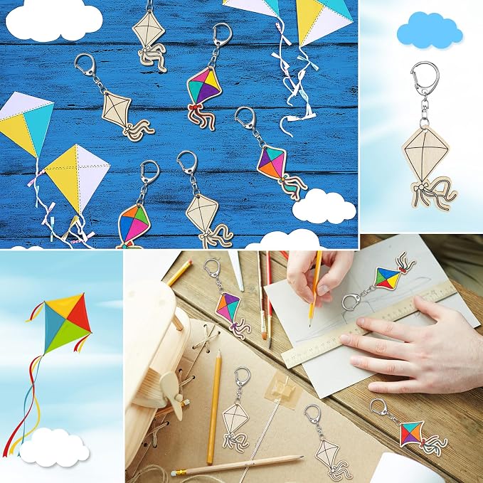 RattanView 24 Pcs Kites Crafts Color Your Own Keychains DIY Craft Wooden Blank - Image 5