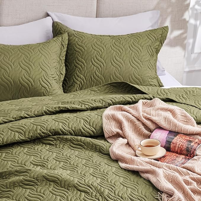 Love's cabin Twin Quilt Bedding Set Olive Green Bedspreads - Image 7