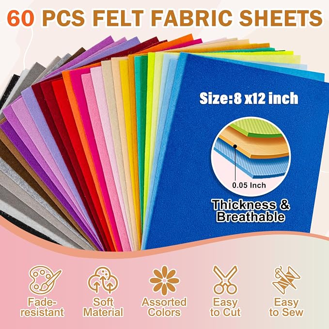 XSEINO 60PCS 8" x 12" 1.4 mm Thick Soft Felt Sheets, 60 Assorted Multicolour - Image 2