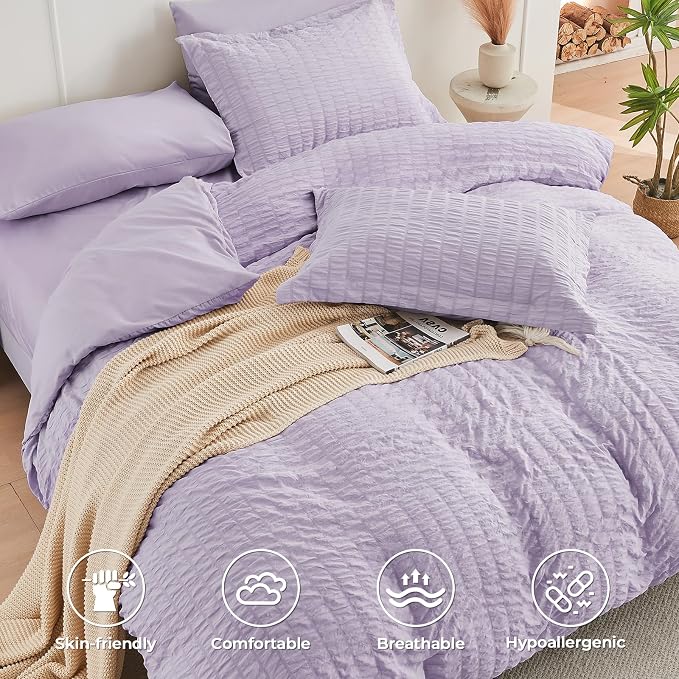 HYMOKEGE Lavender Duvet Cover King Size, Ultra Soft 3-Piece Seersucker Duvet - Image 3