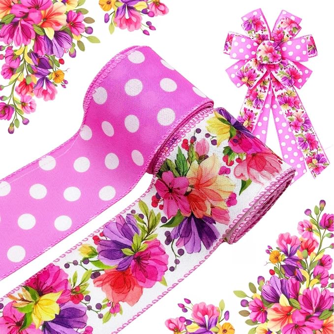 2 Rolls Spring Summer Pink Floral Wired Ribbon, 20 Yards White Dot and Colorful by YIPRONS