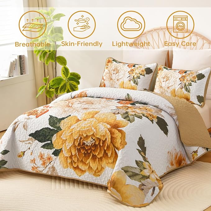 WONGS BEDDING Floral Quilt Set Yellow Queen, Quilted Printed Lightweight - Image 2