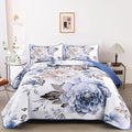 WONGS BEDDING Floral Quilt Set Blue Full Size 3 Pieces Elegant Botanical Print by WONGSBEDDING