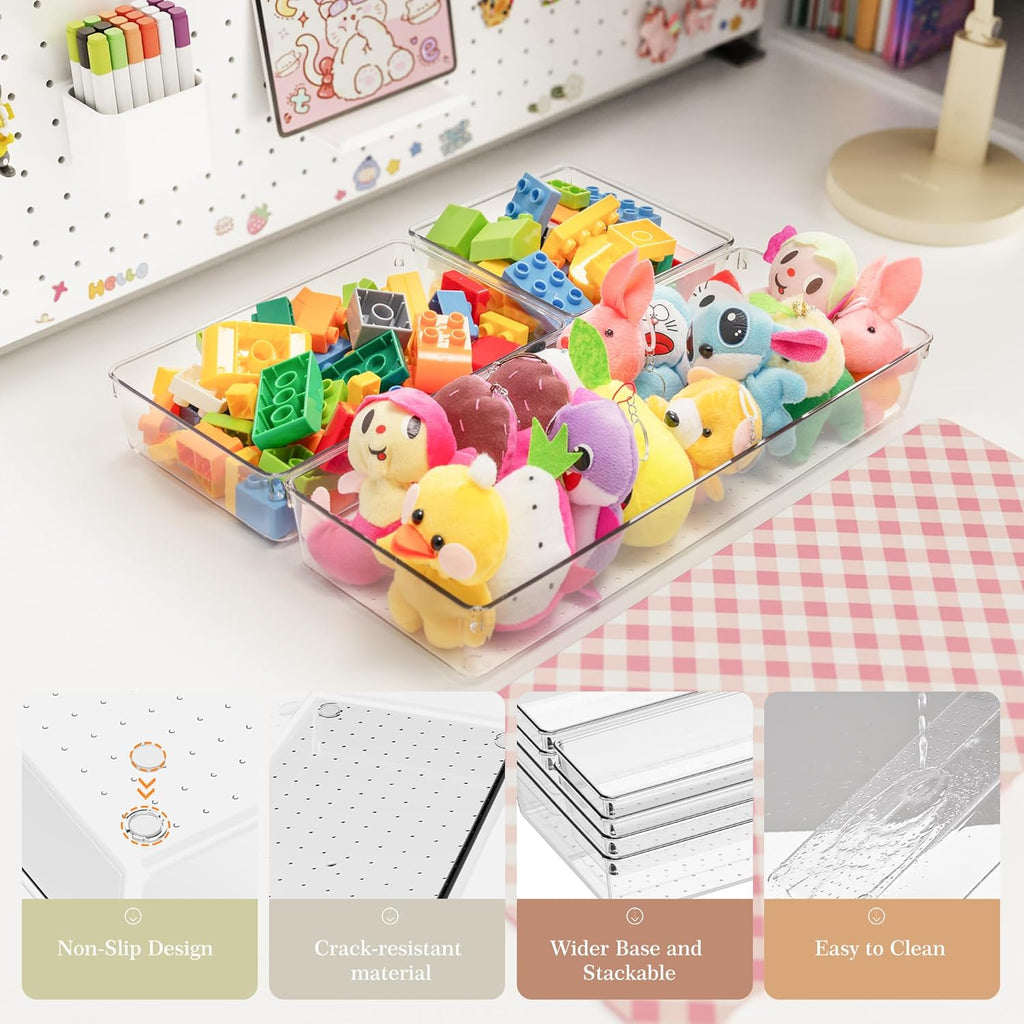 Criusia Drawer Organizer, 12 Pack Clear Plastic Kitchen Drawer Organizers Set,4-Size Versatile Bathroom and Vanity Organizer Trays,Storage Bins for Makeup, Bathroom, Jewelries and Office