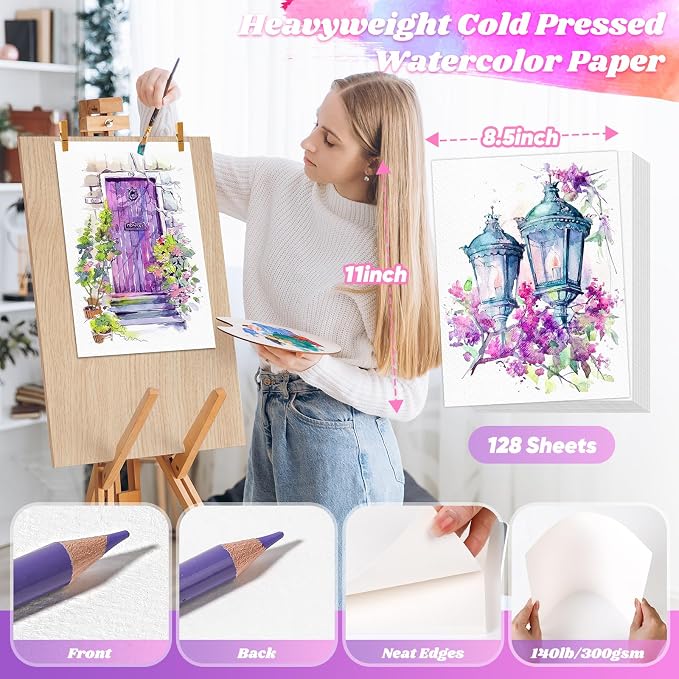 128 Sheets Watercolor Paper, 8.5"x11" Cold Press Water Color Paper Bulk | - Image 2