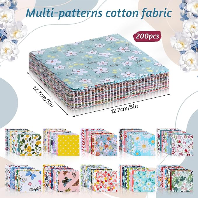 200 Pcs 5"x 5" Charm Packs for Quilting, Precut Multi-Color Printed Floral - Image 2