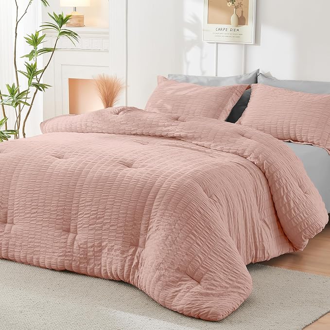 HYMOKEGE Rose Gold/Light Grey Full Size Comforter Sets Seersucker 7 Pieces - Image 8