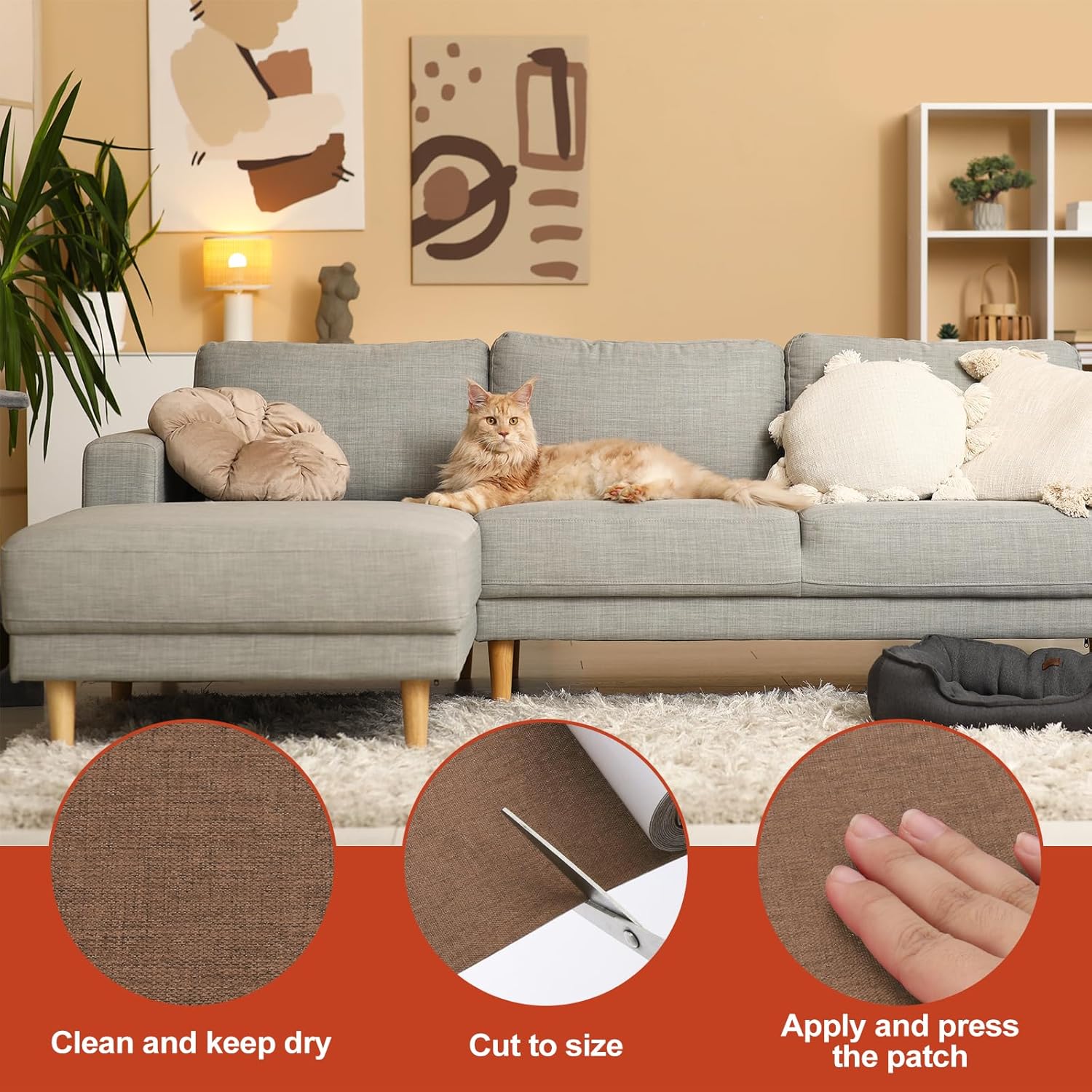 PATIKIL 70x4.4 Inch Linen Repair Tape, Repair Fabric Patch Self Adhesive Couch Patch Line Repair Patch for Furniture Sofa Car Seats Office Chairs, Yellow Brown