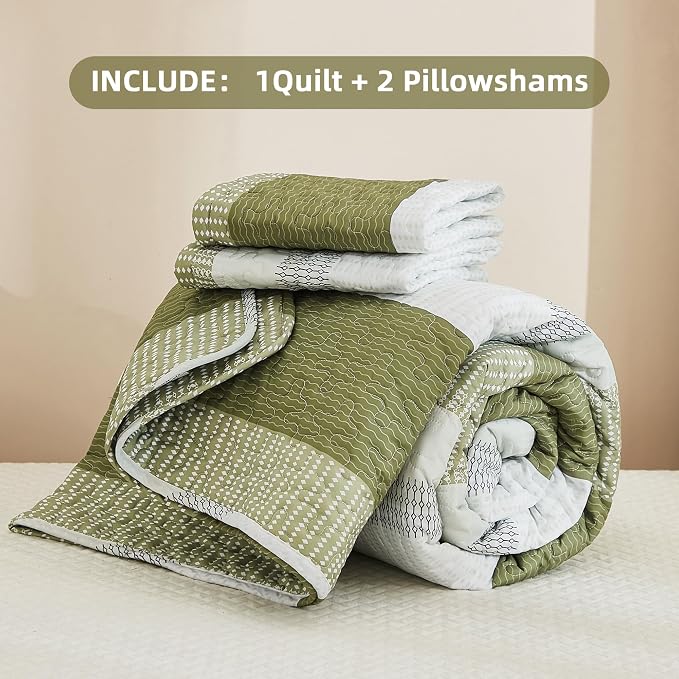Andency Queen Quilt Bedding Set Olive, 3 Pieces Patchwork Olive Green Striped - Image 7