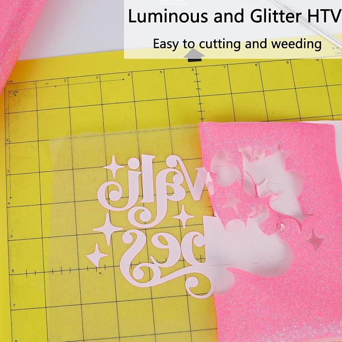 HTVVETUR Glitter Pink Heat Transfer Vinyl, Glow in The Dark HTV Vinyl Roll 12" - Image 5