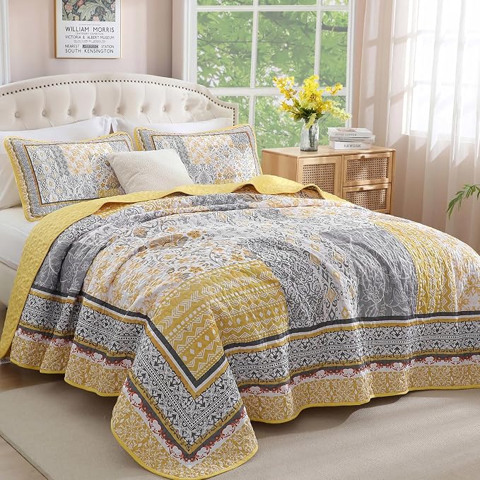 WONGS BEDDING Yellow Quilt Set King Size, Bohemian Patchwork Bedspread Coverlet - Image 2