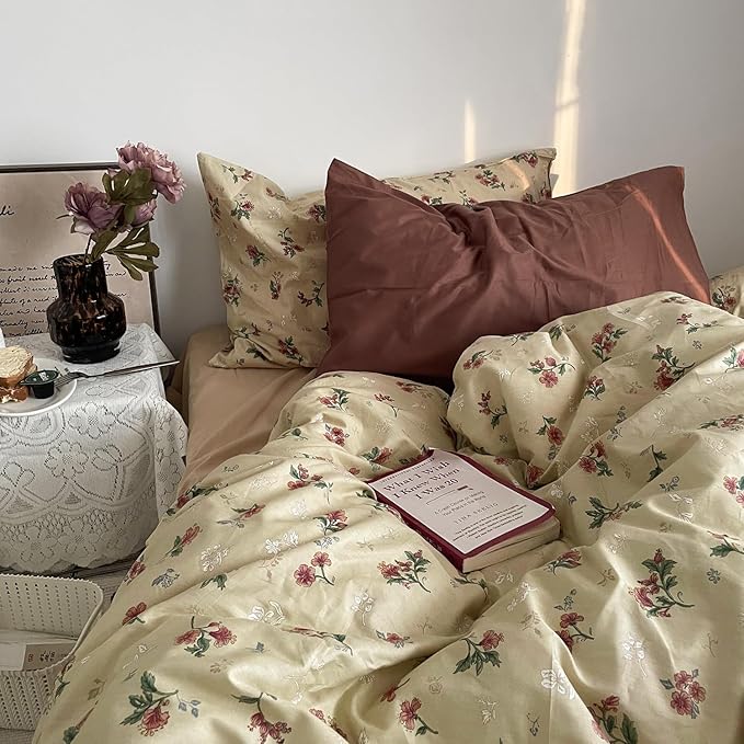 MKXI Yellowish Beige & Red Floral Duvet Cover Set Twin XL Size - Image 4