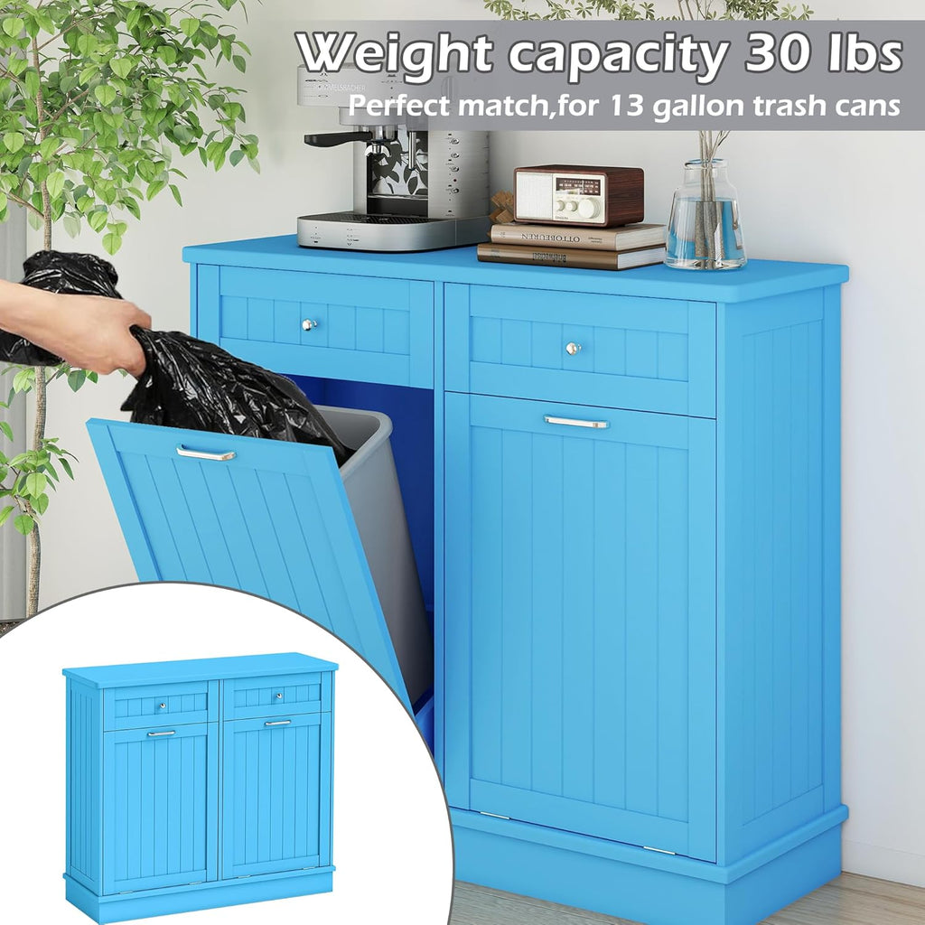 Betterhood Tilt Out Trash Cabinet 10 Gallon Wooden Free Standing Laundry Sorter Cabinet,Recycling Cabinet with Hideaway Drawer,Tilt Out Trash Cabinet Can Bin Kitchen (Double Light Blue, Double Door)