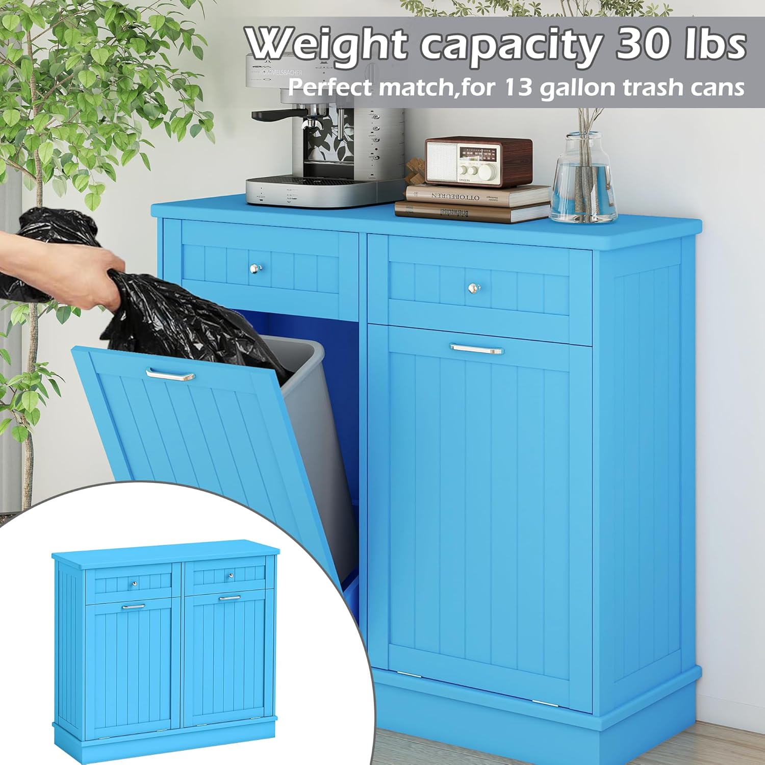 Betterhood Tilt Out Trash Cabinet 10 Gallon Wooden Free Standing Laundry Sorter Cabinet,Recycling Cabinet with Hideaway Drawer,Tilt Out Trash Cabinet Can Bin Kitchen (Double Light Blue, Double Door)