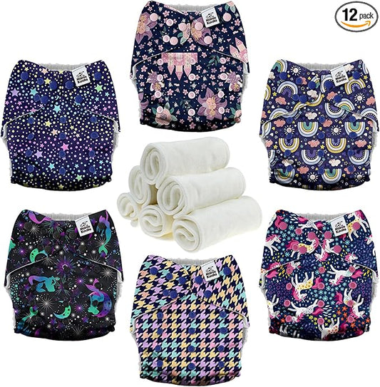 Mama Koala 3.0 Cloth Diapers for Babies with AWJ Lining, 6 Pack with 6 Natural Cloth Diaper Inserts - Reusable and Washable Pocket Diapers (Beautiful Fairy Tale)