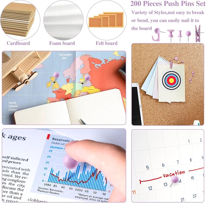 BESARME 200 Pcs Push Pins for Bulletin Board, Thumb Tacks for Cork Board | - Image 7