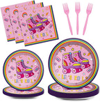 Qyeahkj 100 Pcs Roller Skating Party Plates and Napkins Set Pink Roller Skate by Qyeahkj
